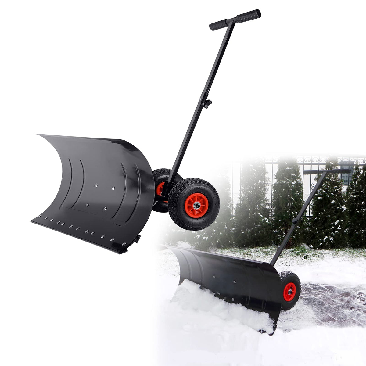 Garvee Schneeschieber mit Rädern – 74x42 cm Metall-Klinge, 5-fach höhenverstellbar & klappbar, rückenschonend für Gehweg, Einfahrt & Garten