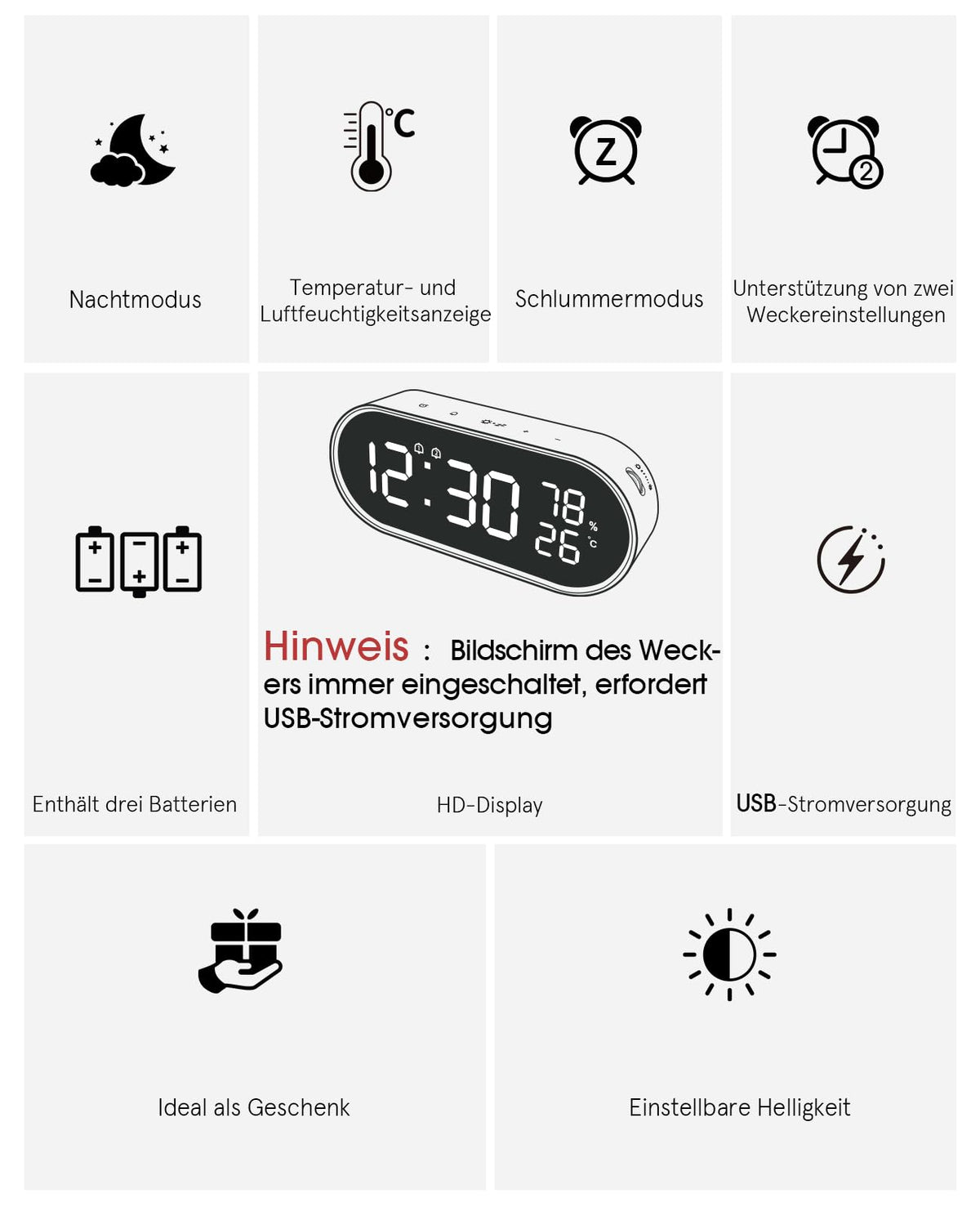 Garvee LED Digitalwecker mit Doppelalarm und Spiegel – Eleganter Wecker für Schlafzimmer mit multifunktionalem Design