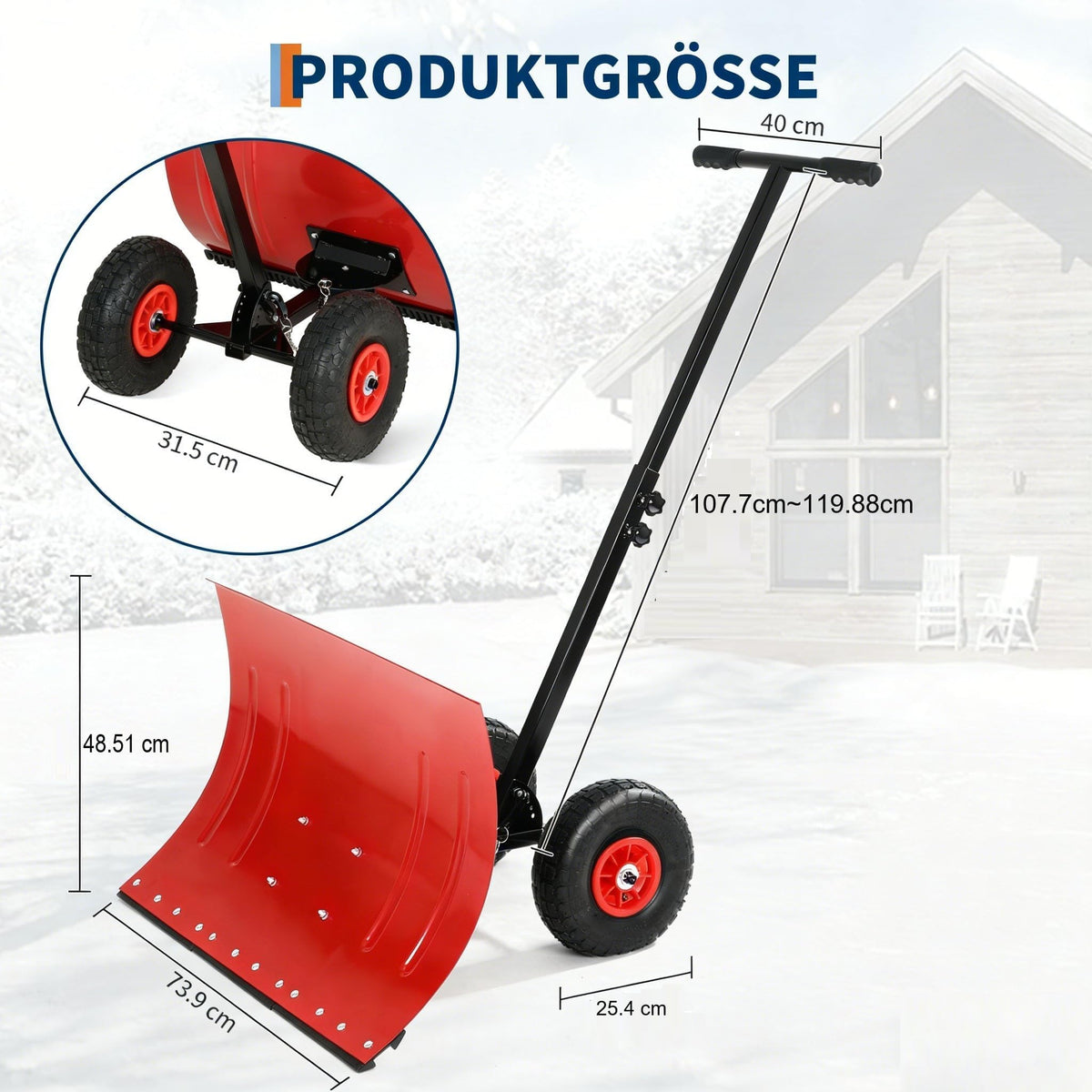 Garvee Schneeschieber mit Rädern – 74x49 cm Stahl-Klinge, 5-fach Neigungsverstellung & höhenverstellbarer Griff für Einfahrt & Gehweg