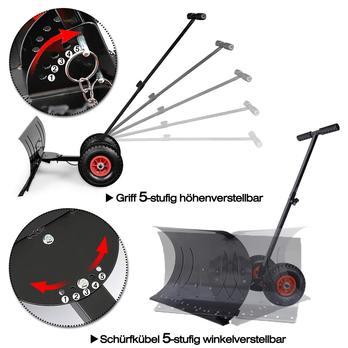 Garvee Schneeschieber mit Rädern – 74x42 cm Metall-Klinge, 5-fach höhenverstellbar & klappbar, rückenschonend für Gehweg, Einfahrt & Garten