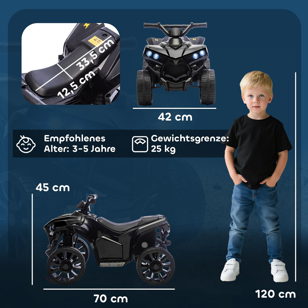GARVEE 6V Elektro-Quad für Kinder ab 3 Jahren, Kinder Elektro-ATV mit LED-Scheinwerfern, Musikfunktion und Sicherem Fahrspaß, Schwarz