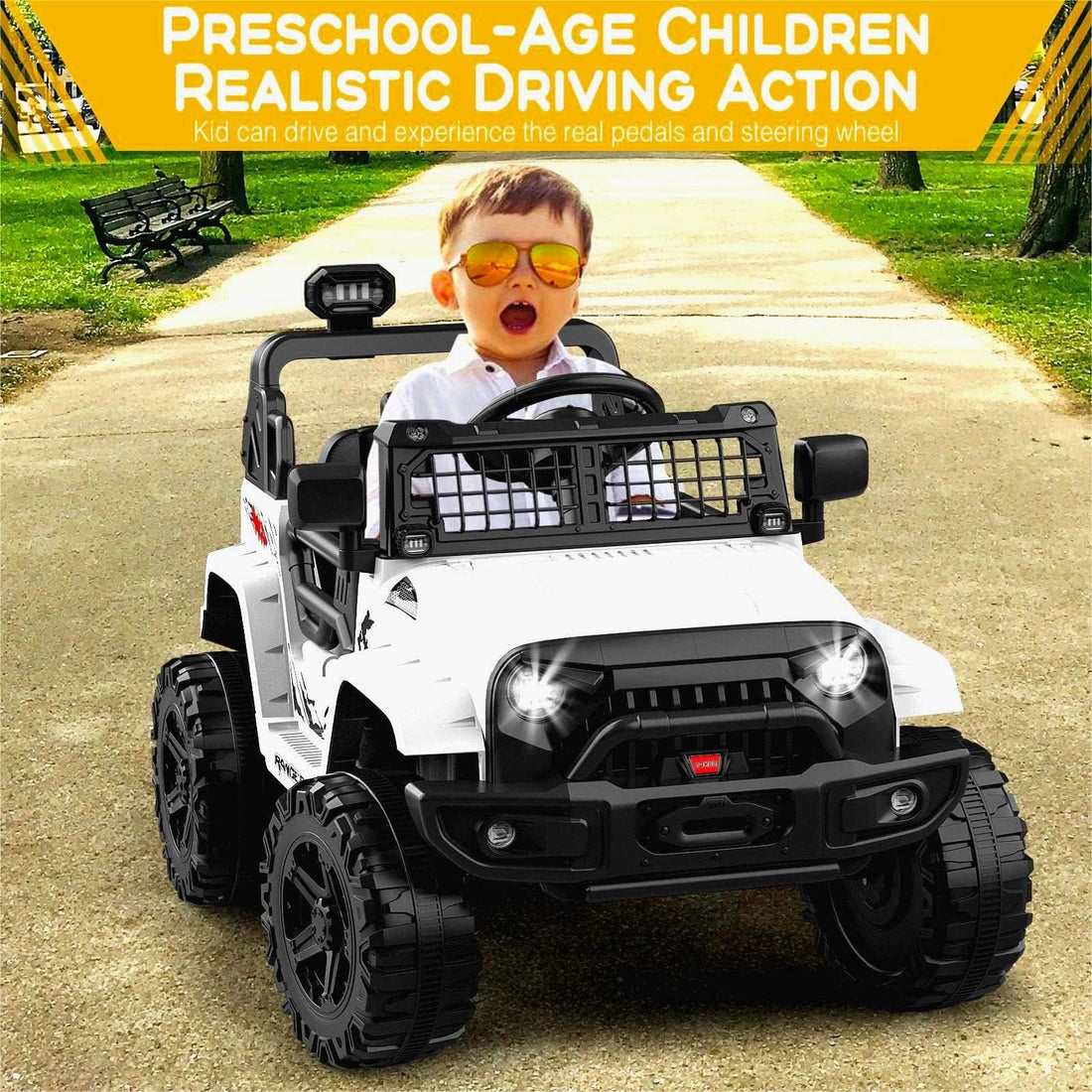 Garvee Kinder Elektroauto 12 V mit 2 × 35 W Doppelmotor, Eltern-Fernbedienung, Softstart, Federung, LED-Licht und Musik, Geländewagen für Kinder von 3–8 Jahren