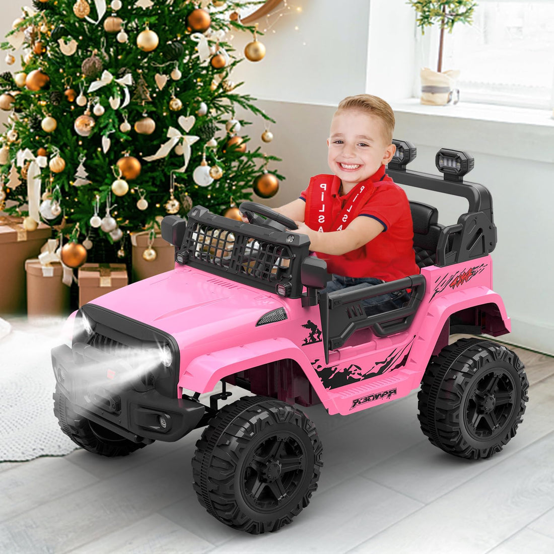Garvee Kinder Elektroauto 12 V mit 2 × 35 W Doppelmotor, Eltern-Fernbedienung, Softstart, Federung, LED-Licht und Musik, Geländewagen für Kinder von 3–8 Jahren