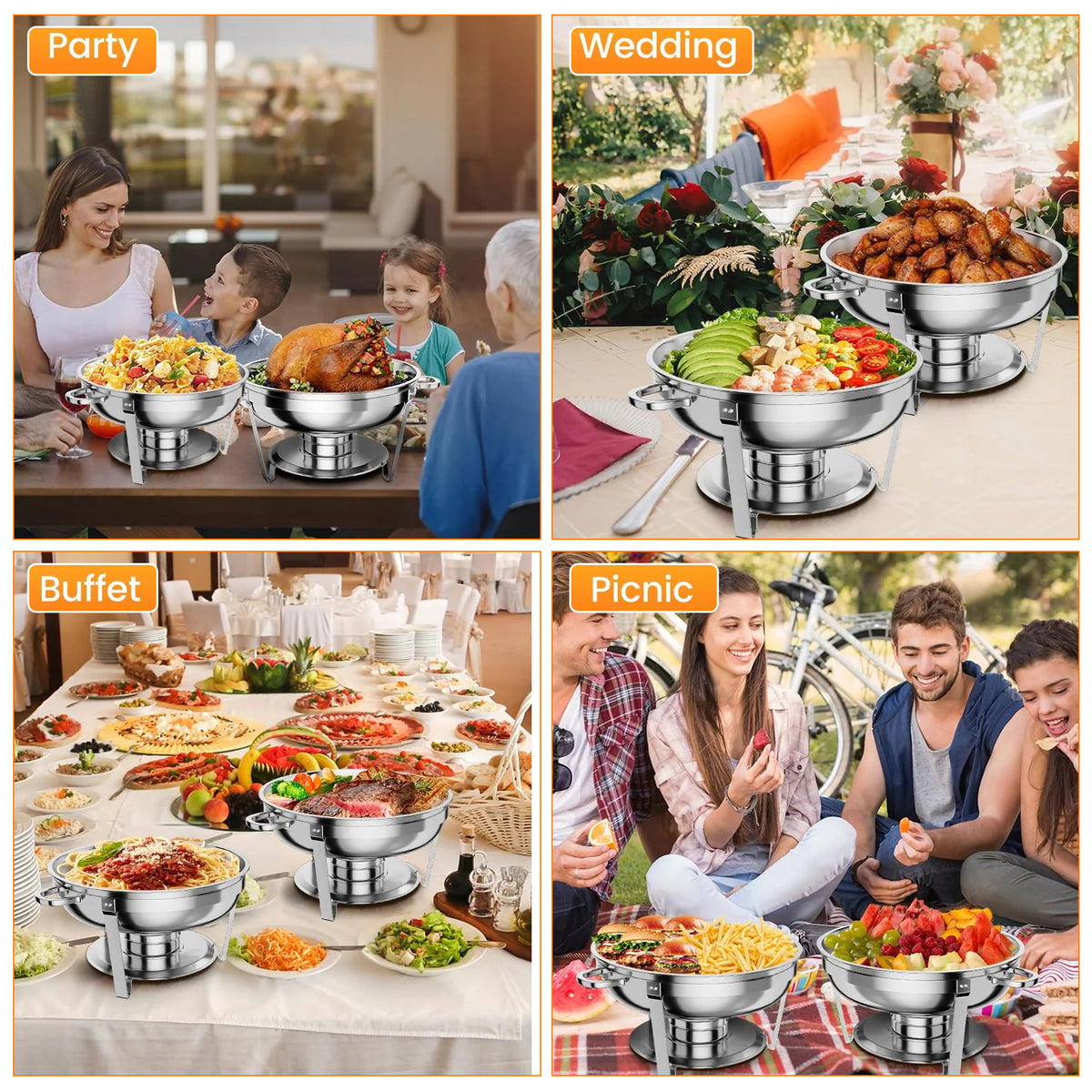 Garvee Chafing Dish 6er-Set mit je 4,7 L, runder Buffet-Speisenwärmer aus Edelstahl mit Deckel und herausnehmbaren Behältern für Catering, Hotel, Restaurant, Hochzeit, Bankett und Veranstaltungen