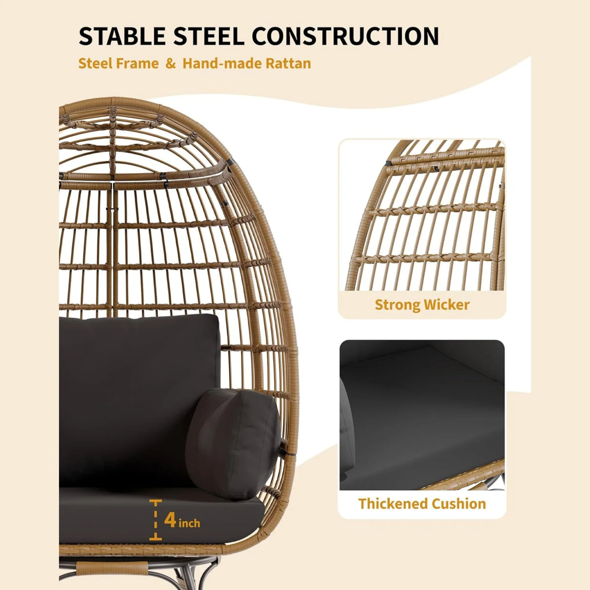 Garvee Rattan Ei Stuhl 360° Drehbar, Mit Kissen, Stahlrahmen, Für Innen & Außen, Braun+Schwarz