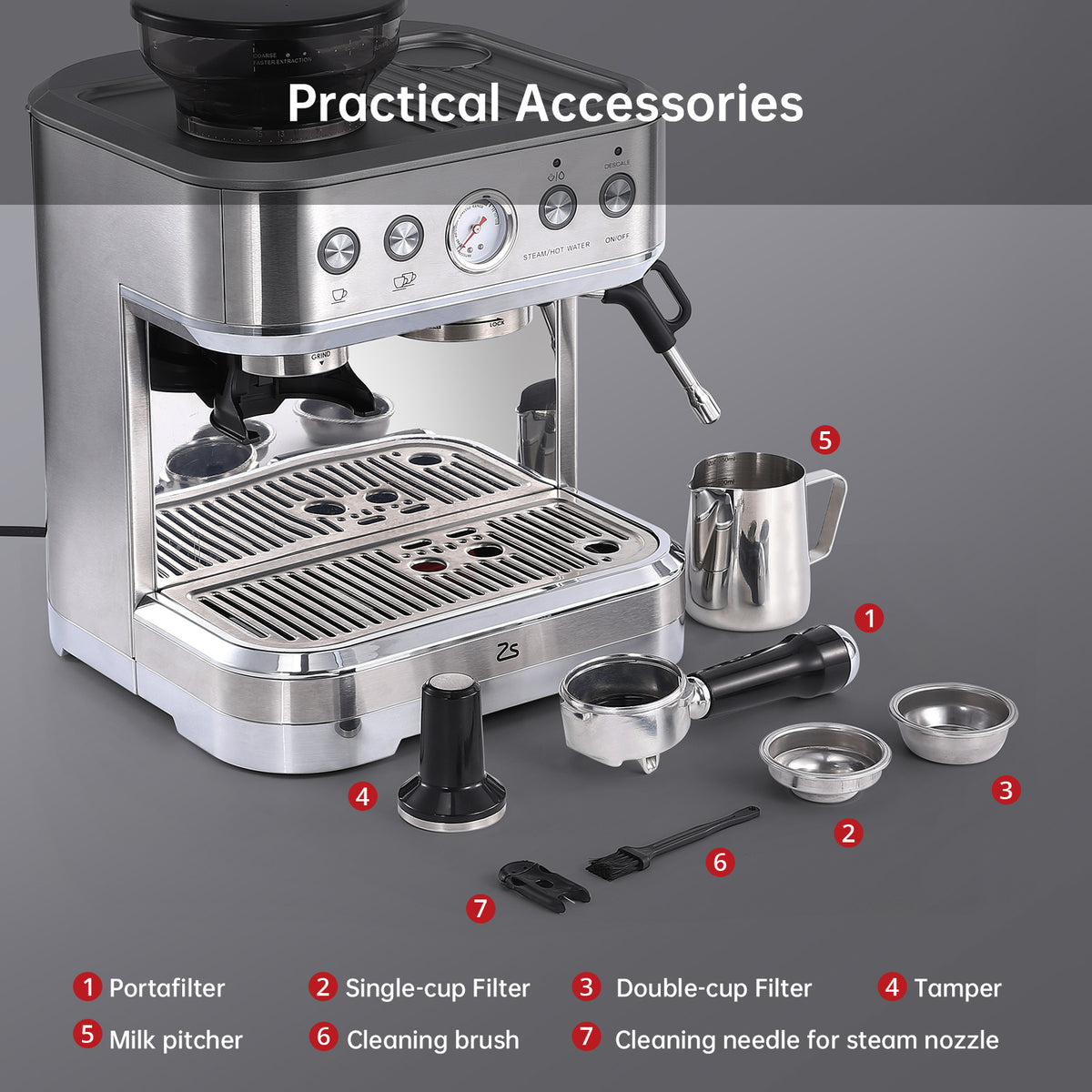 Garvee 15-Bar Siebträgermaschine mit Mahlwerk & Milchaufschäumer, PID-Steuerung, 15 Mahlgrade, 58-mm-Siebträger, 1350 W, 2,3-L-Wassertank, für Espresso & Cappuccino