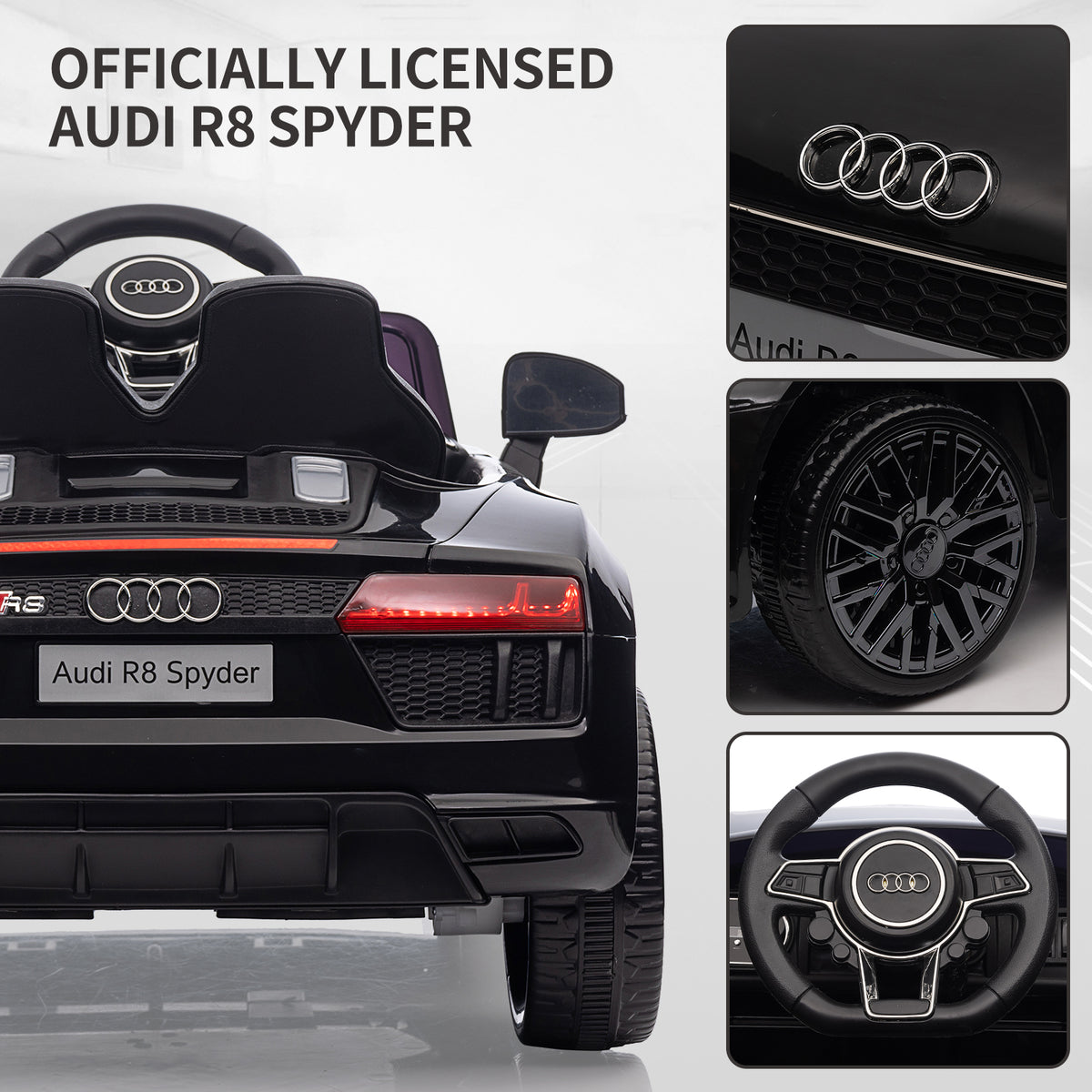 Garvee Schwarz 12V Kinder Elektroauto Sportwagen Audi R8 Modell Polizei mit Fernbedienung LED Musik für Kinder 3-8 Jahre