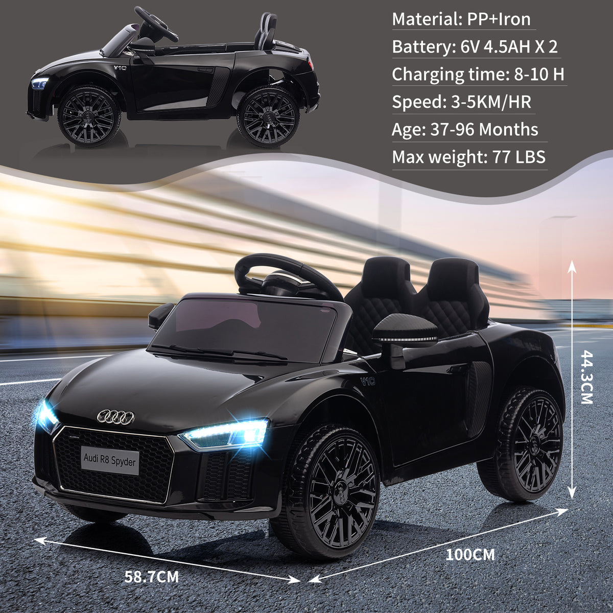 Garvee Schwarz 12V Kinder Elektroauto Sportwagen Audi R8 Modell Polizei mit Fernbedienung LED Musik für Kinder 3-8 Jahre