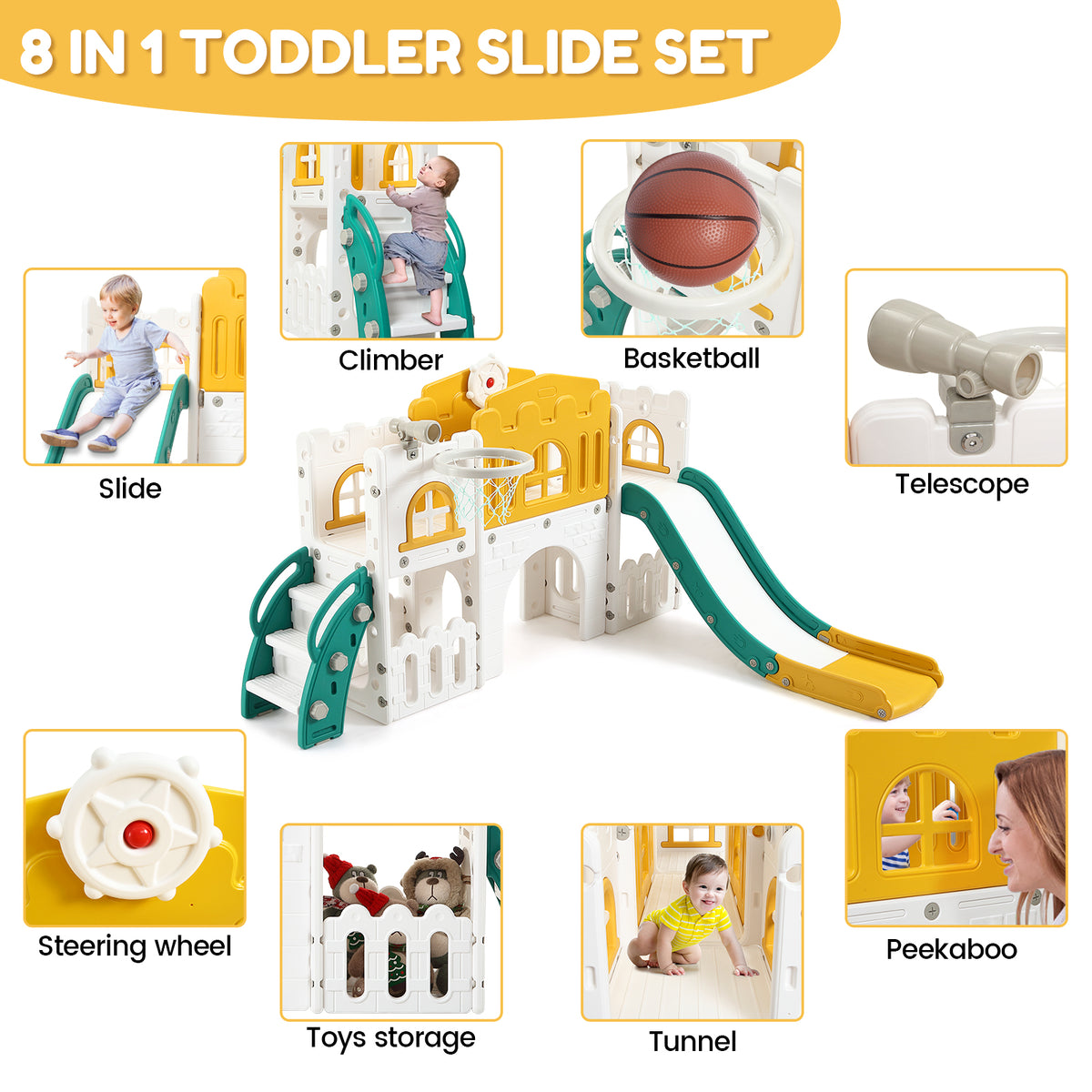 Garvee 8-in-1 Kinder Rutsche – Klettern, Basketballkorb, Tunnel, Stauraum, Modernes Design, 1–3 Jahre