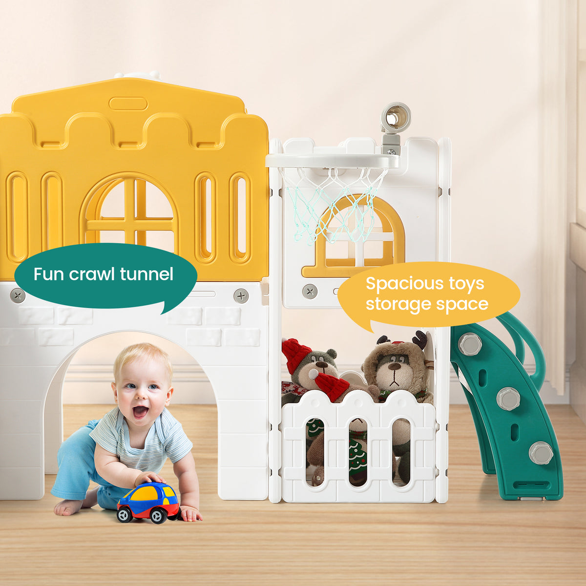 Garvee 8-in-1 Kinder Rutsche – Klettern, Basketballkorb, Tunnel, Stauraum, Modernes Design, 1–3 Jahre
