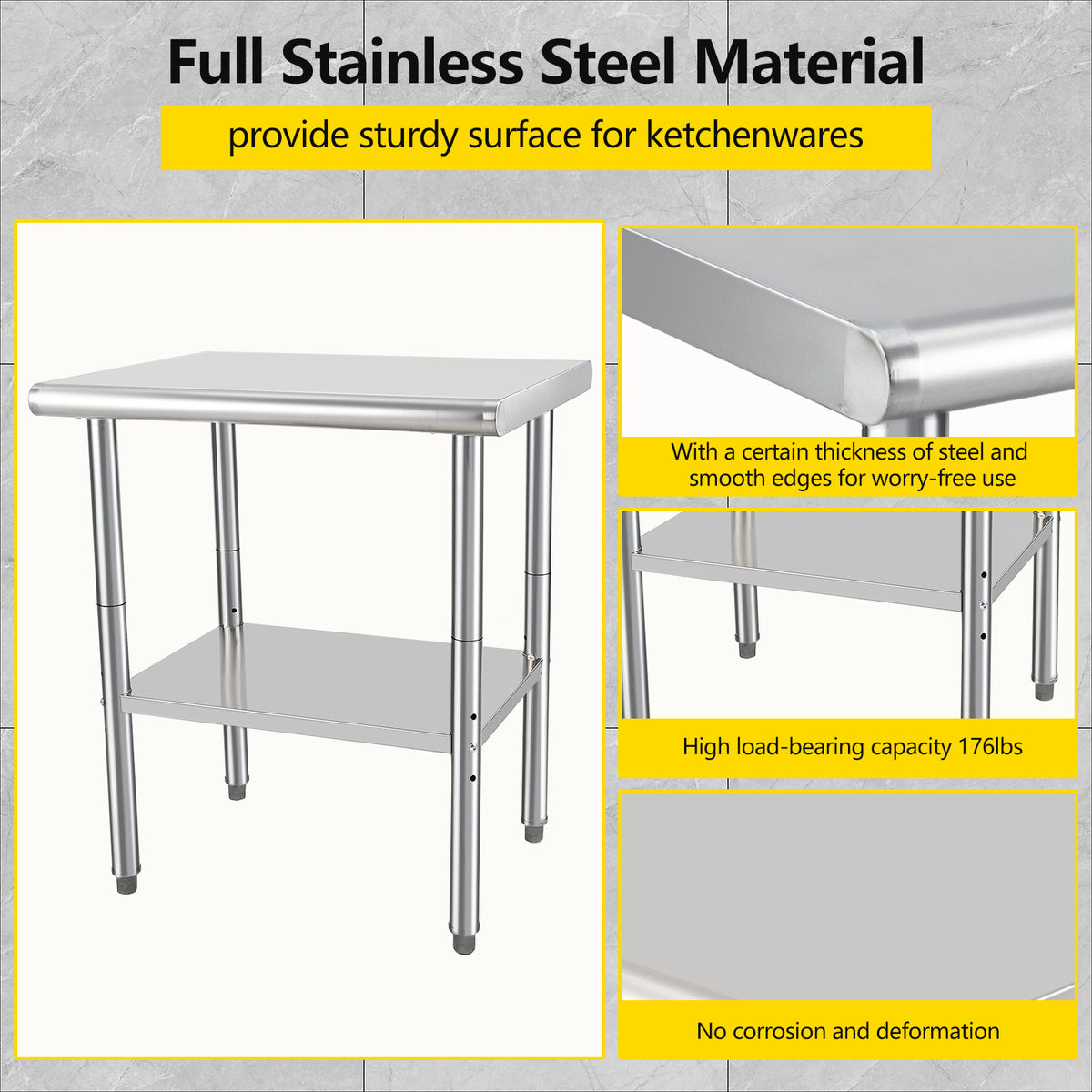 Garvee Edelstahl Arbeitstisch – 76×61×89 cm, Verstellbares Unterregal, Poliert für Küche & Restaurant