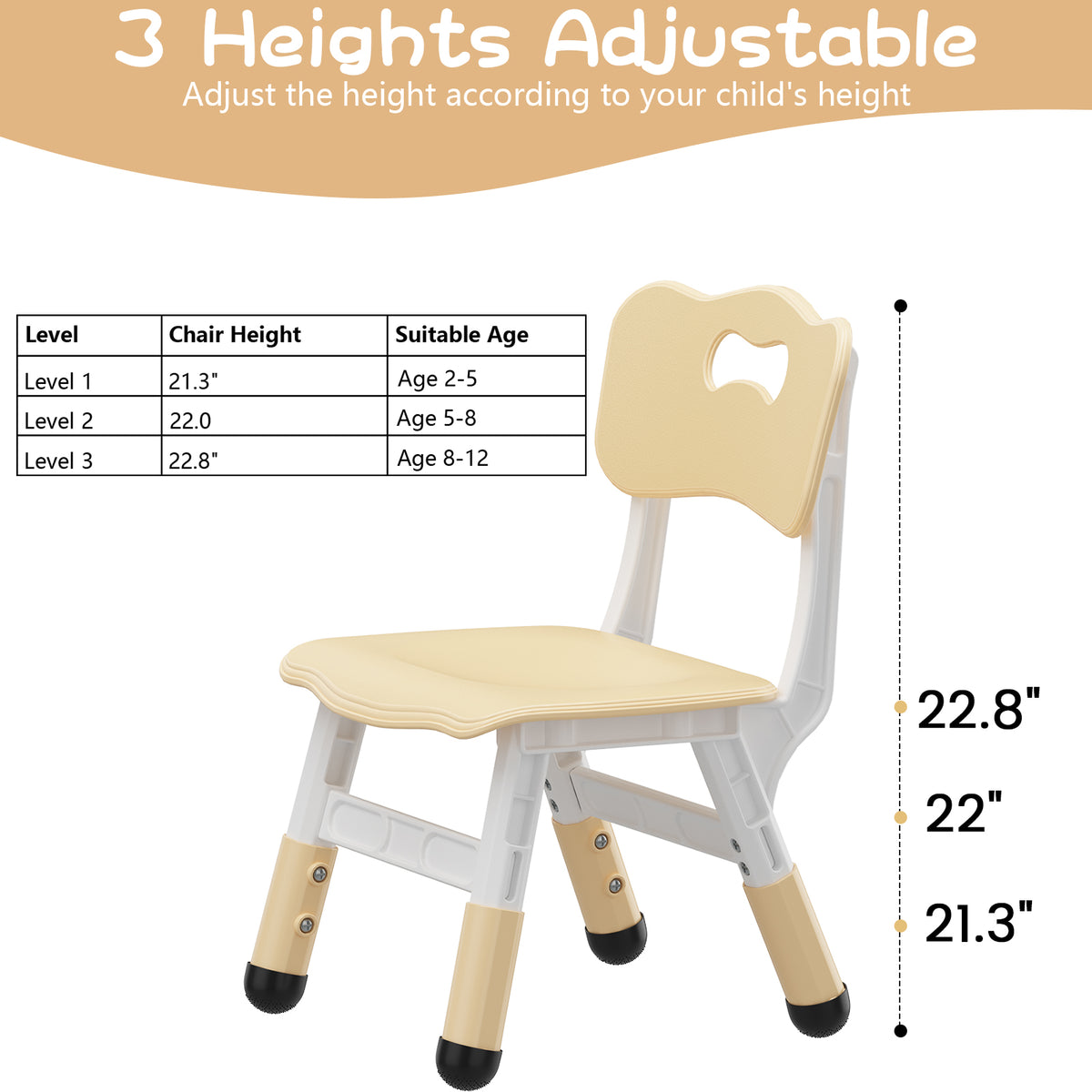 GARVEE Kinderstühle 2er-Set, 3-Stufig Höhenverstellbar, Mitwachsender Kinderstuhl für Kinder von 2–6 Jahren, Stabil, Leicht & Ergonomisch, Beige
