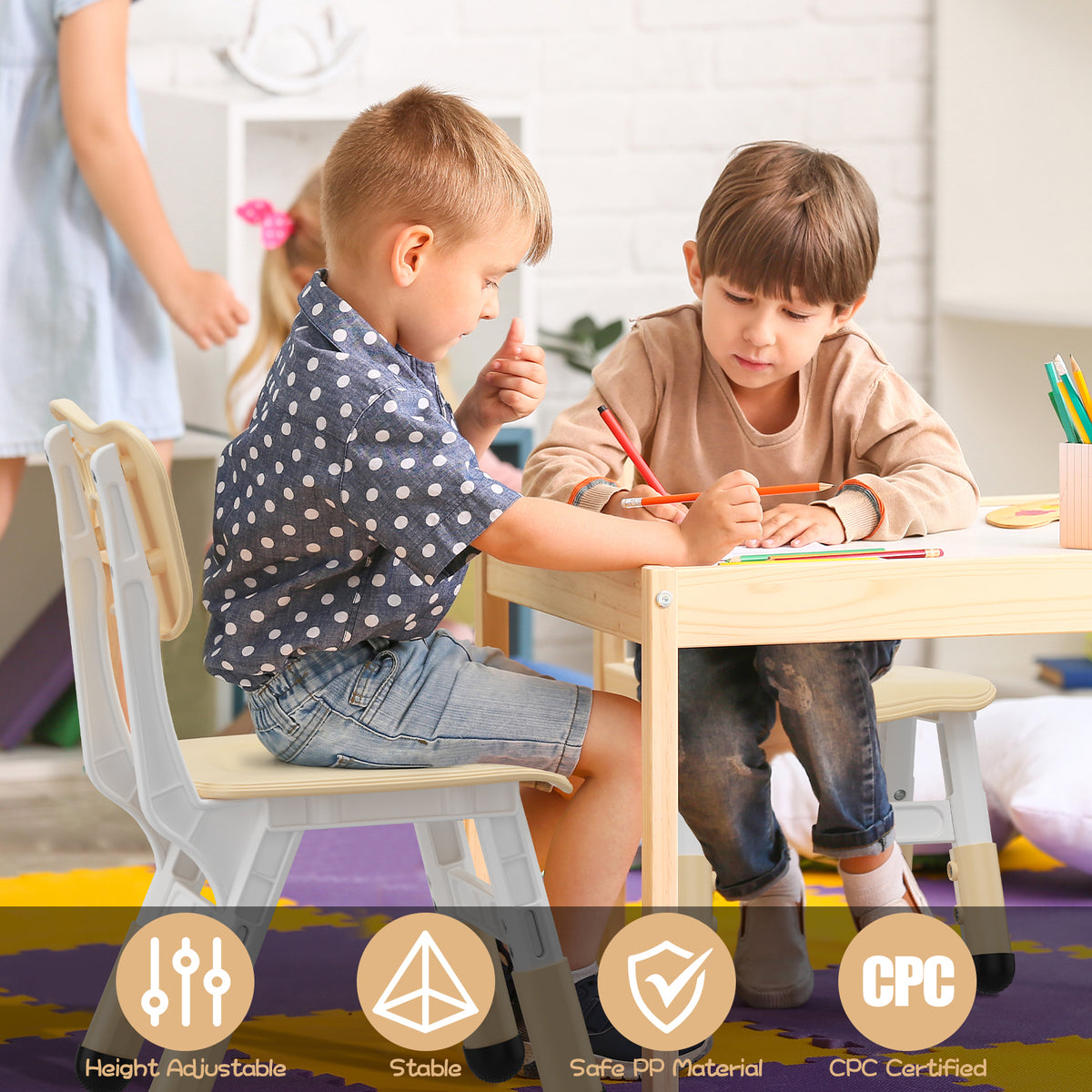 GARVEE Kinderstühle 2er-Set, 3-Stufig Höhenverstellbar, Mitwachsender Kinderstuhl für Kinder von 2–6 Jahren, Stabil, Leicht & Ergonomisch, Beige