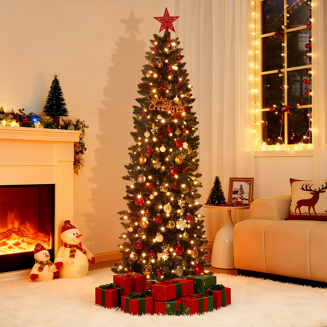 Garvee 180 cm Pre-Lighted Weihnachtsbaum – 200 Farbwechsel-LEDs, PVC Bleistifttanne mit Fußpedal
