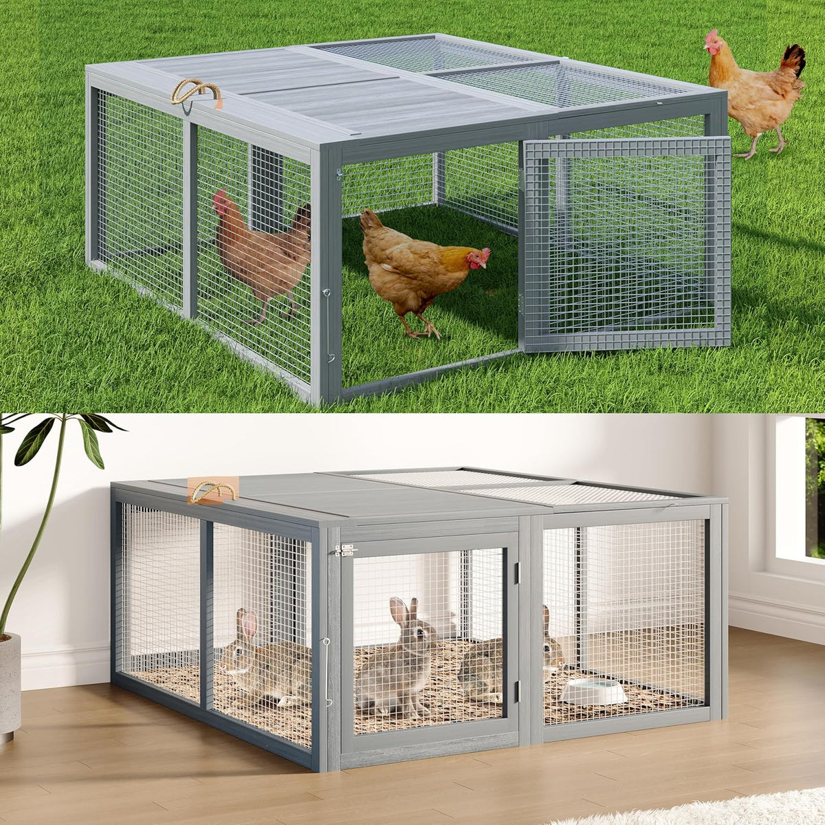 Garvee Faltbares Kleintiergehege 115 × 107 × 51 cm, Freilauf aus Kiefernholz & verzinktem Draht mit Tragegriff für Hühner & Kaninchen