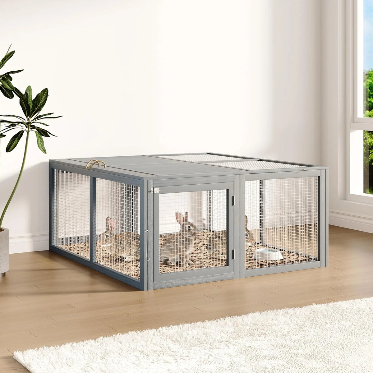 Garvee Faltbares Kleintiergehege 115 × 107 × 51 cm, Freilauf aus Kiefernholz & verzinktem Draht mit Tragegriff für Hühner & Kaninchen