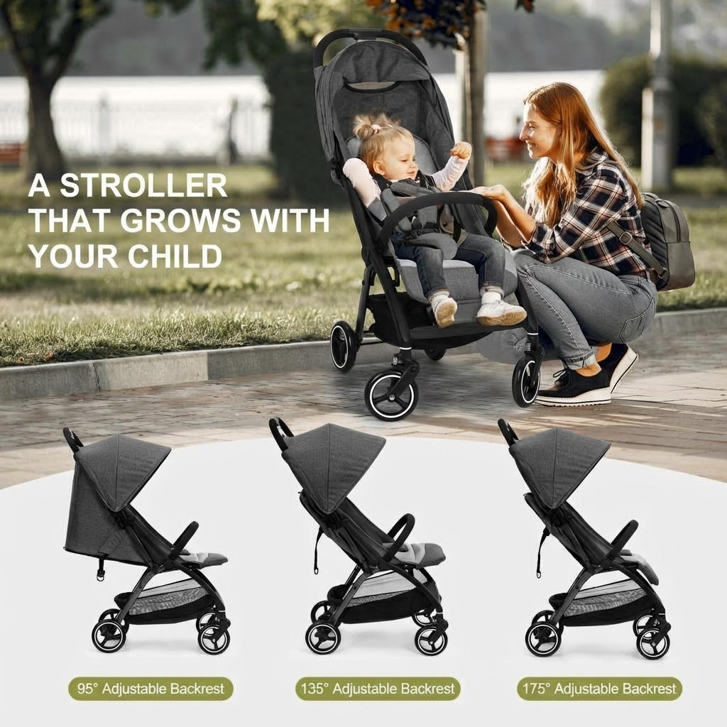 GARVEE Kinderwagen mit dreistufiger verstellbarer Rückenlehne 95°/135°/175°