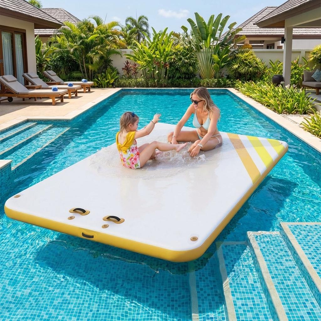 Garvee Aufblasbare Schwimmplattform 3 x 3 m, Für 8–10 Personen, Rutschfest, PVC, Mit Leiter, Für See & Wasser, Gelb