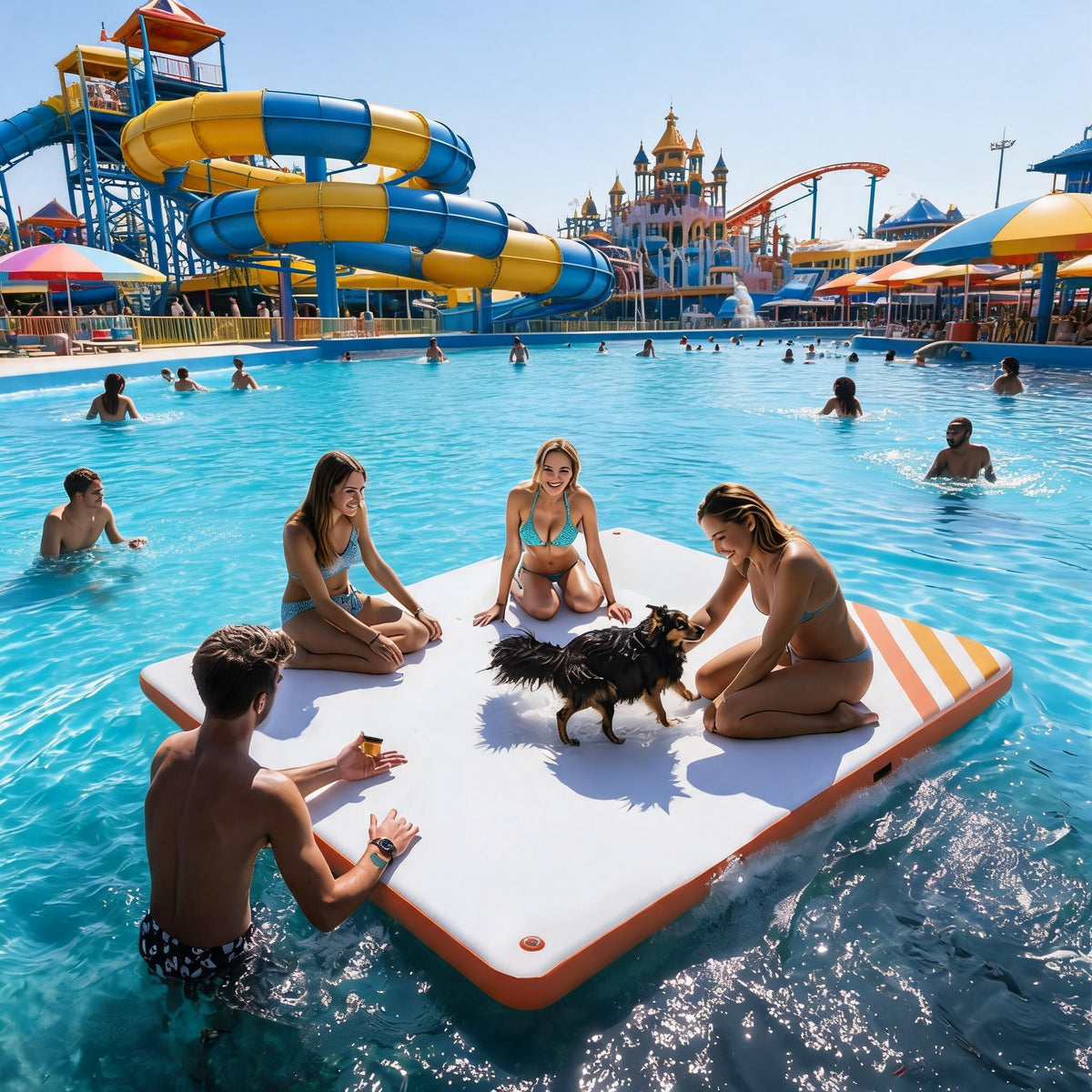 Garvee Aufblasbare Schwimmplattform 1,8 x 1,5 m, Für 3–5 Personen, Rutschfest, PVC, Mit Leiter, Für See & Wasser, Orange