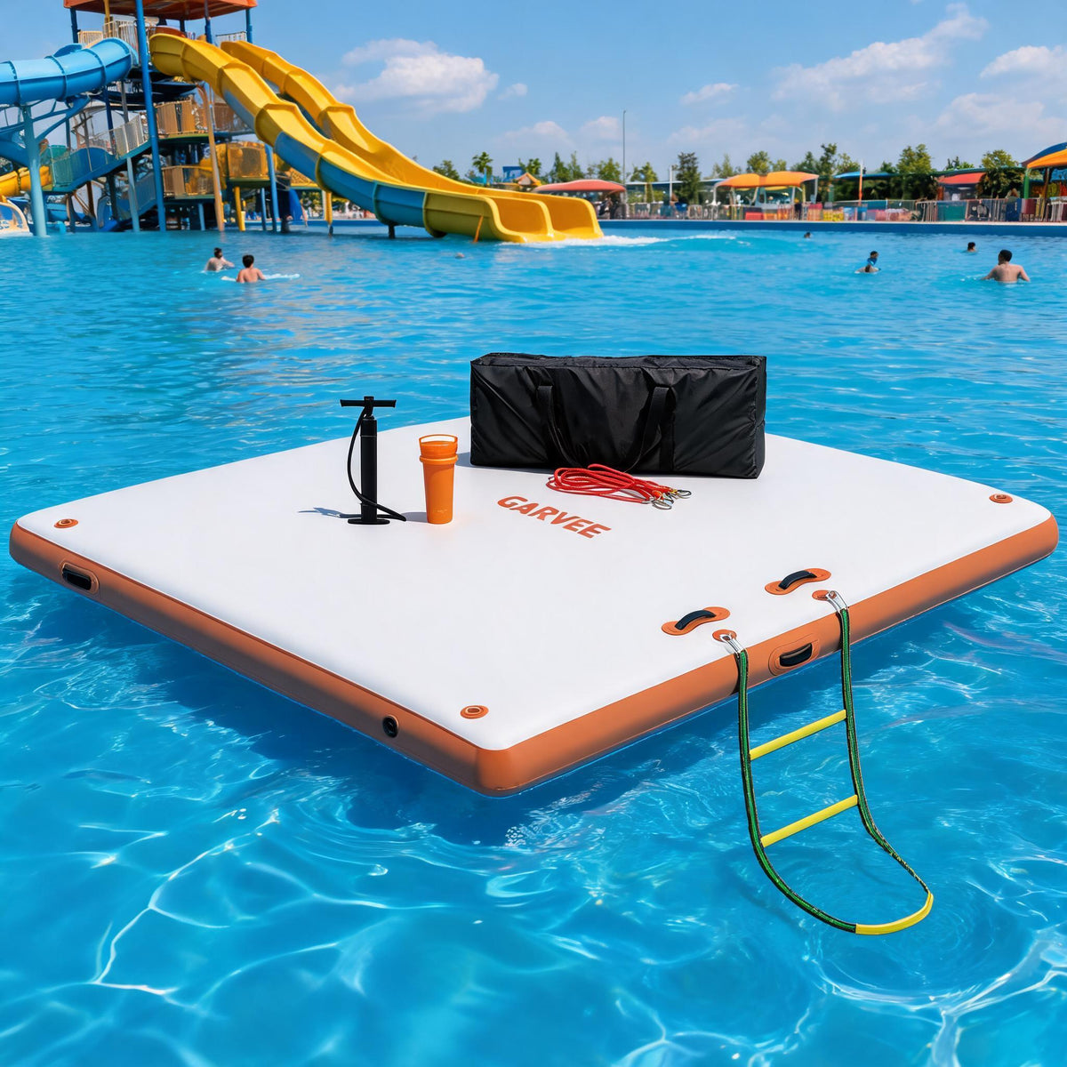 Garvee Aufblasbare Schwimmplattform 1,8 x 1,5 m, Für 3–5 Personen, Rutschfest, PVC, Mit Leiter, Für See & Wasser, Orange