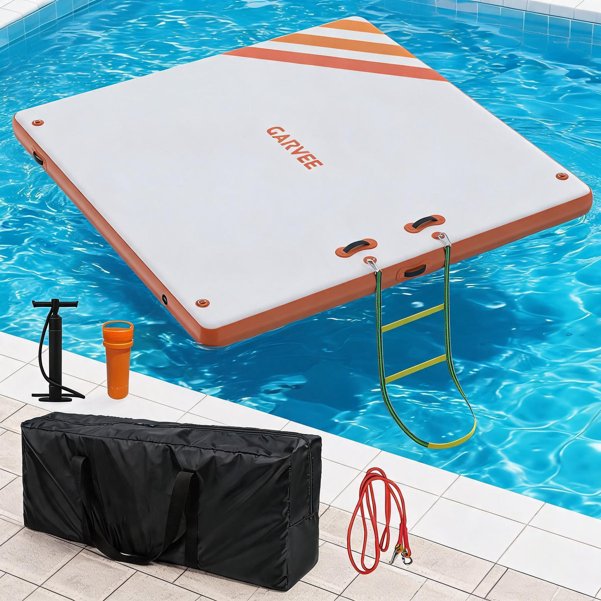 Garvee Aufblasbare Schwimmplattform 1,8 x 1,5 m, Für 3–5 Personen, Rutschfest, PVC, Mit Leiter, Für See & Wasser, Orange