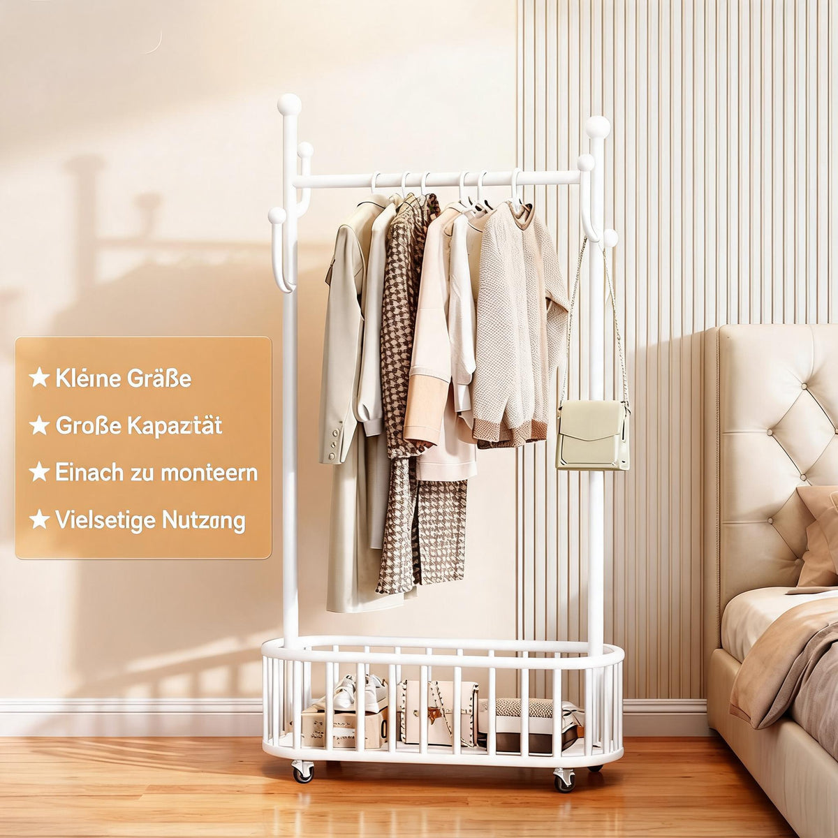 Garvee Mobiler Kleiderständer 80 × 32 × 175 cm, Garderobenständer aus Metall mit Kleiderstange, Seitenhaken, Aufbewahrungskorb, 54 kg Tragkraft & feststellbaren 360°-Rollen, Weiß