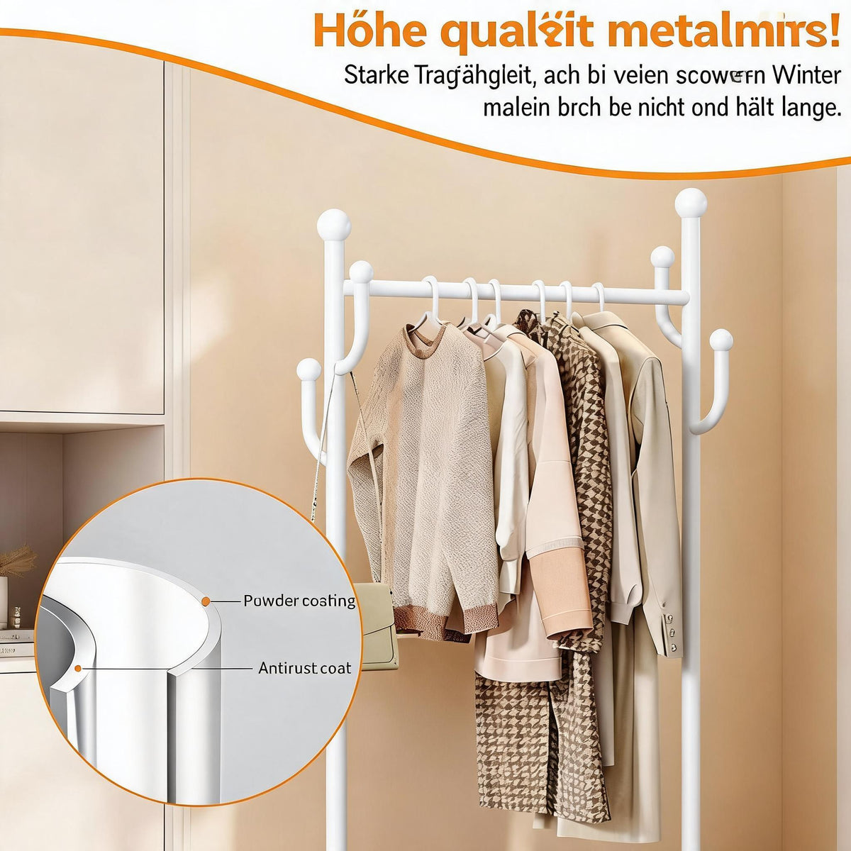 Garvee Mobiler Kleiderständer 80 × 32 × 175 cm, Garderobenständer aus Metall mit Kleiderstange, Seitenhaken, Aufbewahrungskorb, 54 kg Tragkraft & feststellbaren 360°-Rollen, Weiß