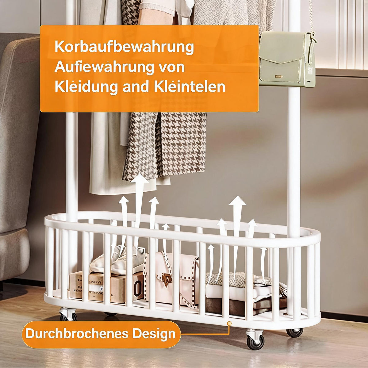 Garvee Mobiler Kleiderständer 80 × 32 × 175 cm, Garderobenständer aus Metall mit Kleiderstange, Seitenhaken, Aufbewahrungskorb, 54 kg Tragkraft & feststellbaren 360°-Rollen, Weiß