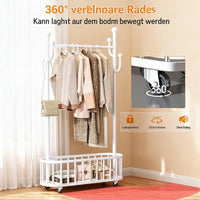 Garvee Mobiler Kleiderständer 80 × 32 × 175 cm, Garderobenständer aus Metall mit Kleiderstange, Seitenhaken, Aufbewahrungskorb, 54 kg Tragkraft & feststellbaren 360°-Rollen, Weiß
