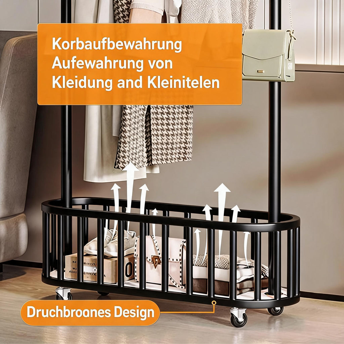 GARVEE Kleiderständer auf Rollen mit Ablagekorb, Metall Garderobenständer mit 360° drehbaren Rädern, Großer Stauraum für Schlafzimmer & Büro, Schwarz, 80 x 175 cm