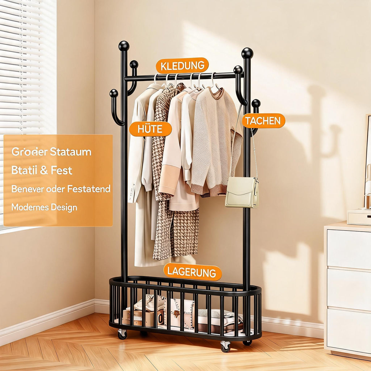GARVEE Kleiderständer auf Rollen mit Ablagekorb, Metall Garderobenständer mit 360° drehbaren Rädern, Großer Stauraum für Schlafzimmer & Büro, Schwarz, 80 x 175 cm