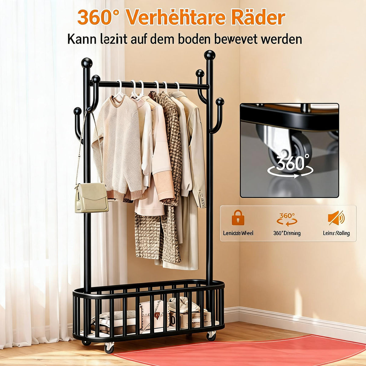 GARVEE Kleiderständer auf Rollen mit Ablagekorb, Metall Garderobenständer mit 360° drehbaren Rädern, Großer Stauraum für Schlafzimmer & Büro, Schwarz, 80 x 175 cm