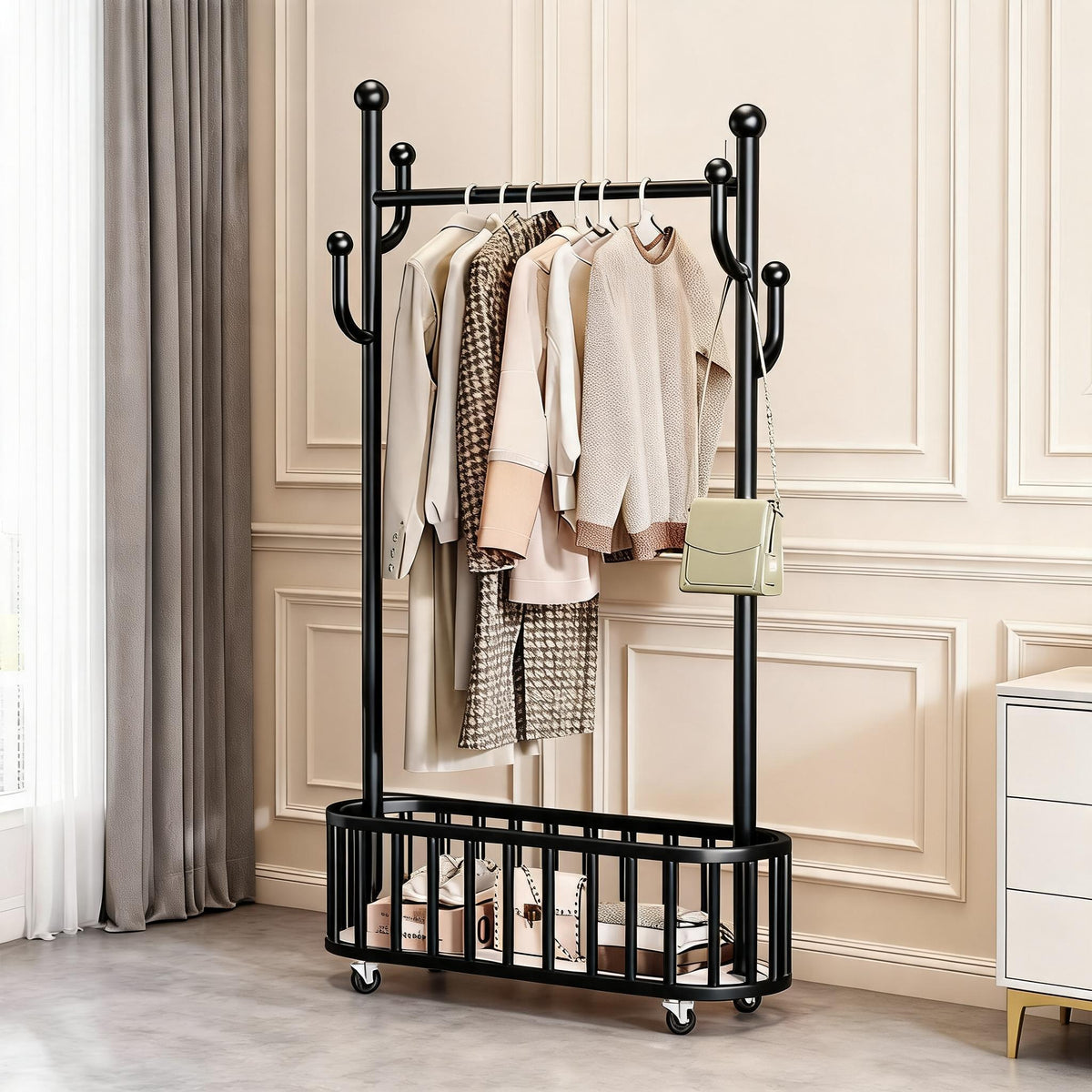 GARVEE Kleiderständer auf Rollen mit Ablagekorb, Metall Garderobenständer mit 360° drehbaren Rädern, Großer Stauraum für Schlafzimmer & Büro, Schwarz, 80 x 175 cm