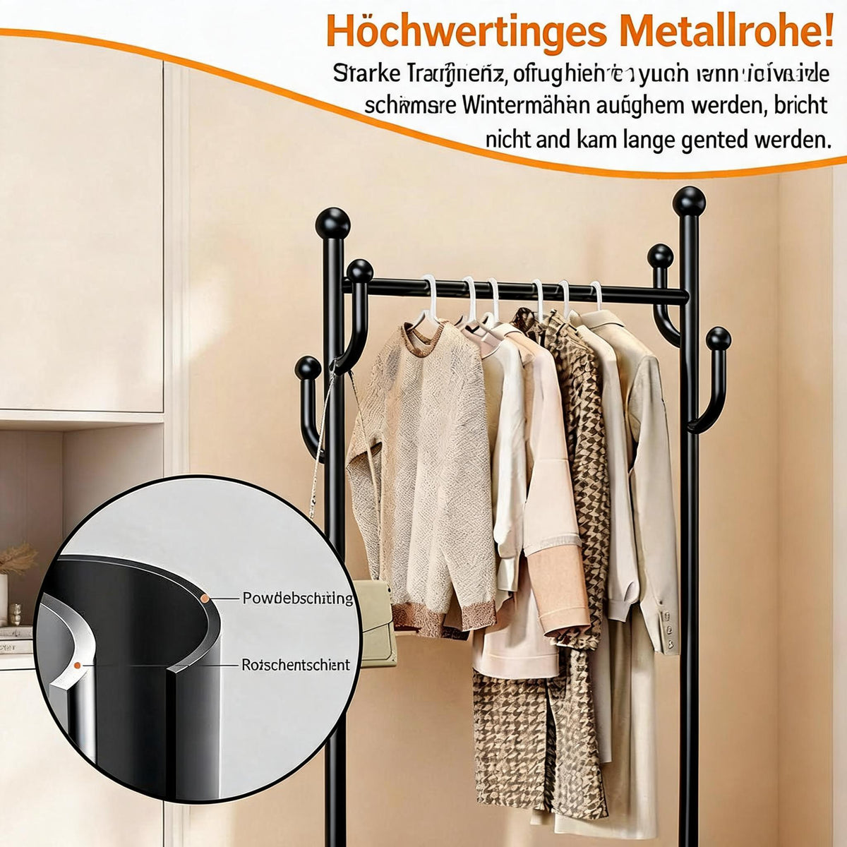 GARVEE Kleiderständer auf Rollen mit Ablagekorb, Metall Garderobenständer mit 360° drehbaren Rädern, Großer Stauraum für Schlafzimmer & Büro, Schwarz, 80 x 175 cm