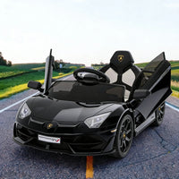Garvee Lamborghini Kinder Elektroauto 12 V mit 2 × 25 W, Scherentüren, 2,4-GHz-Fernbedienung, LED, Musik, Federung und Sicherheitsgurt, Schwarz, für Kinder 3–8 Jahre