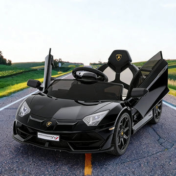 Garvee Lamborghini Kinder Elektroauto 12 V mit 2 × 25 W, Scherentüren, 2,4-GHz-Fernbedienung, LED, Musik, Federung und Sicherheitsgurt, Schwarz, für Kinder 3–8 Jahre