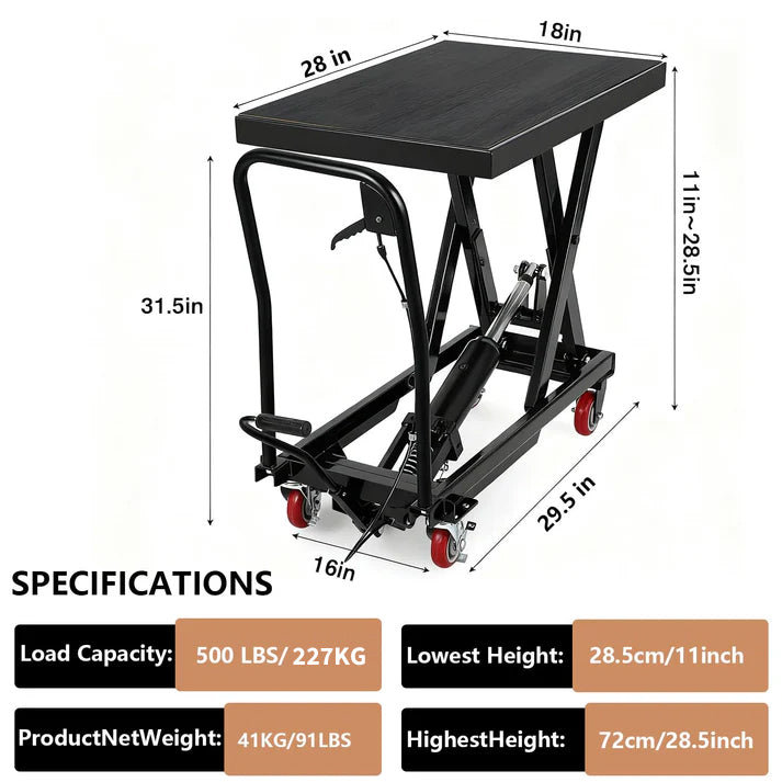 Garvee Manueller Hydraulik-Hebetisch – 227 kg Tragkraft, 72 cm Hubhöhe, 4 Rollen (Schwarz)