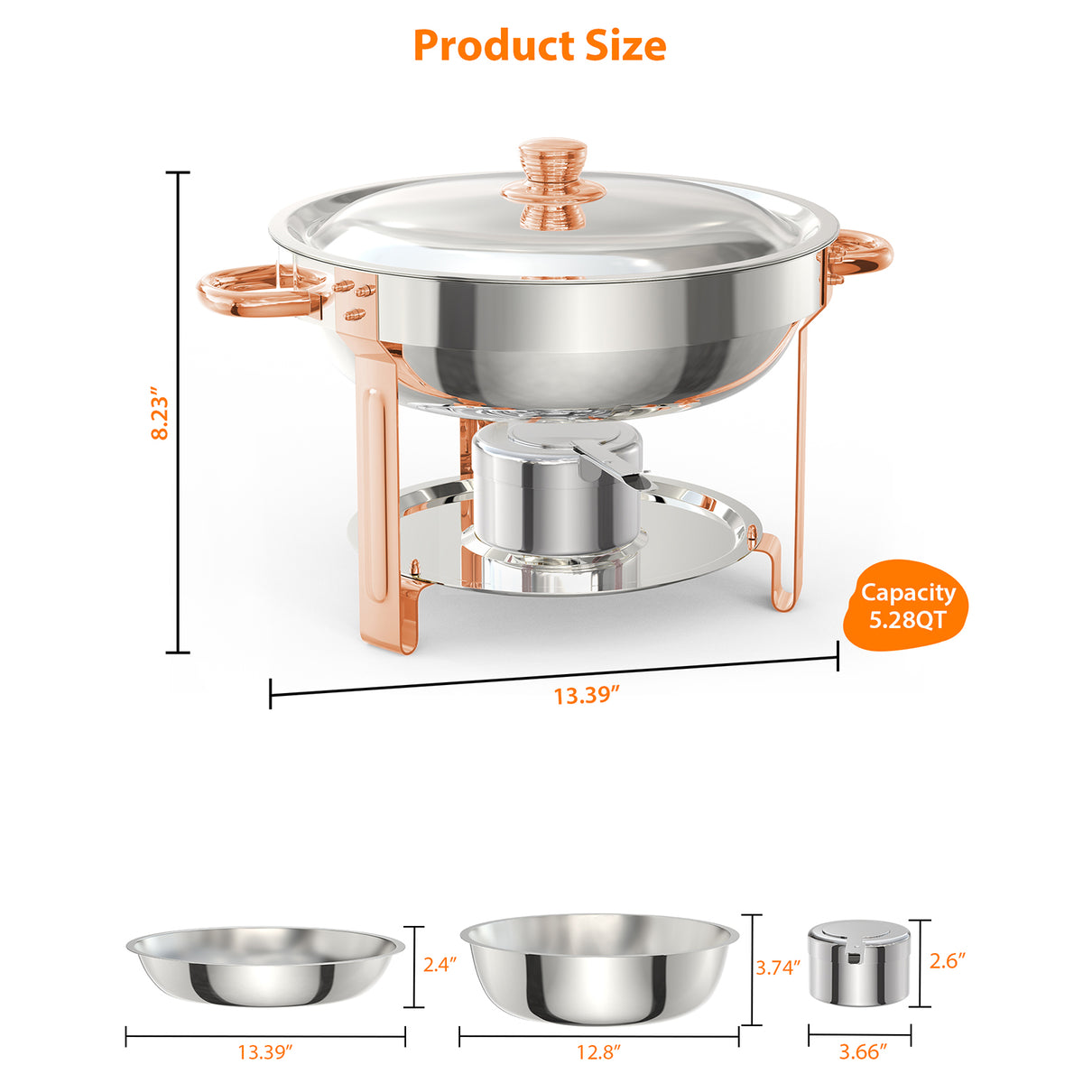 Garvee Chafing Dish 4er-Set 5 L aus Edelstahl, rund in Roségold, Buffet-Speisenwärmer für Catering, Hochzeiten und Events