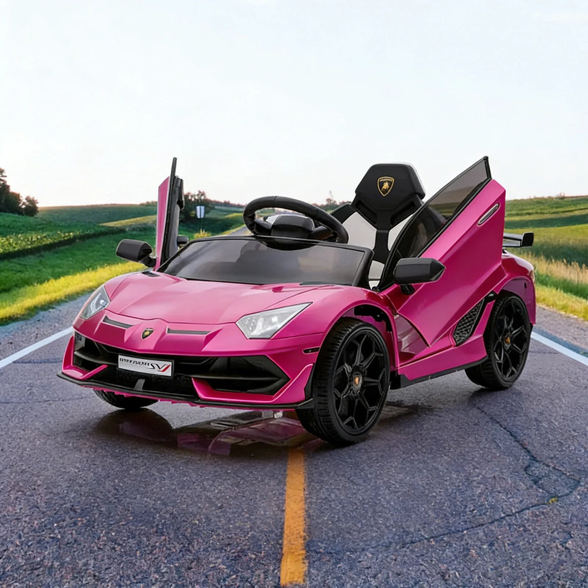 Garvee Lamborghini Kinder Elektroauto 12 V mit 2 × 25 W, Scherentüren, 2,4-GHz-Fernbedienung, LED, Musik, Federung und Sicherheitsgurt, Rosa, für Kinder 3–8 Jahre