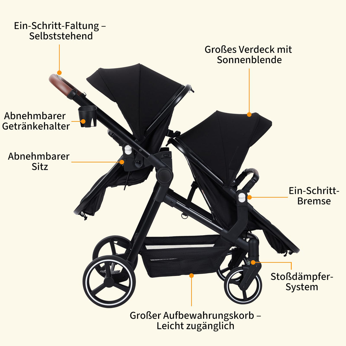 Garvee Zwillingsbuggy mit Alu-Rahmen, leicht & klappbar – Perfekt für Zwillinge auf Reisen