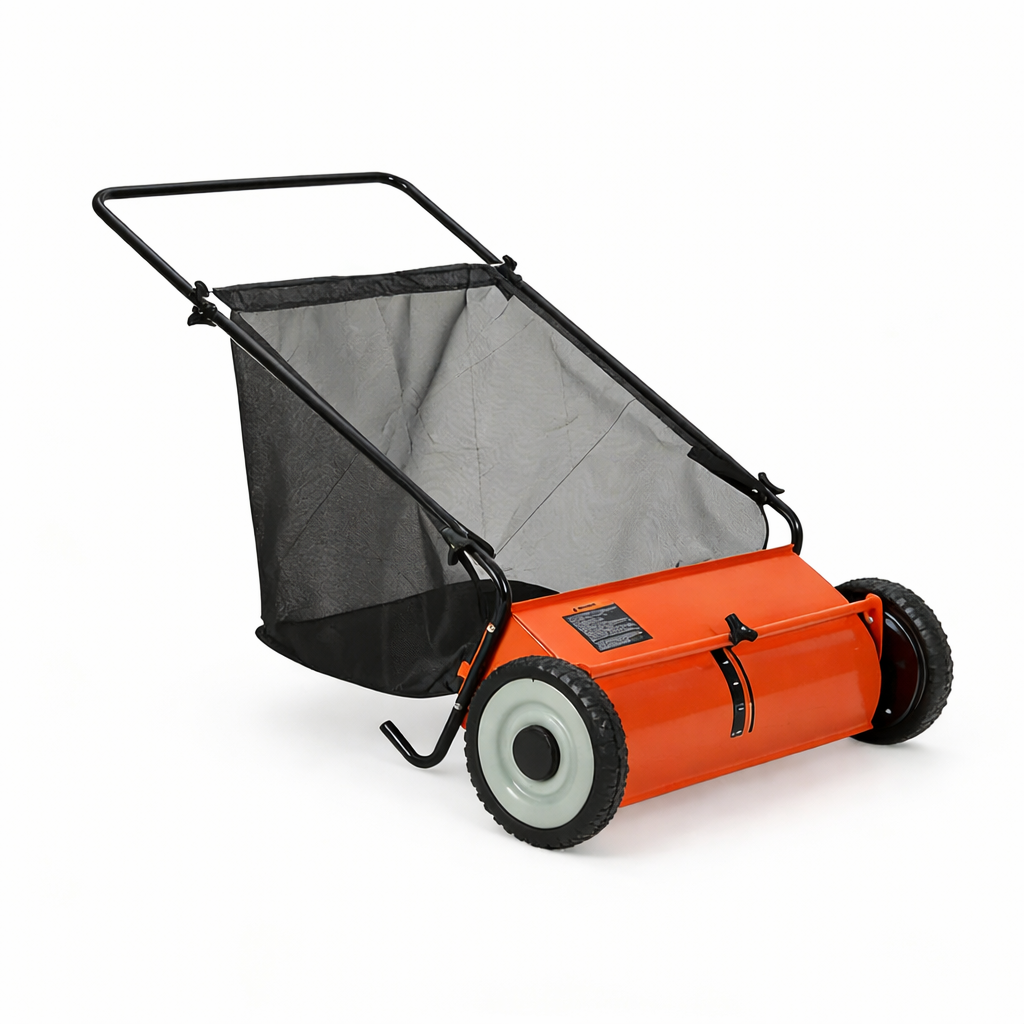 Garvee Rasenkehrer 66 cm mit 4 Bürsten, 200 L Beutel, Höhenverstellbar, Stahlrahmen, Orange