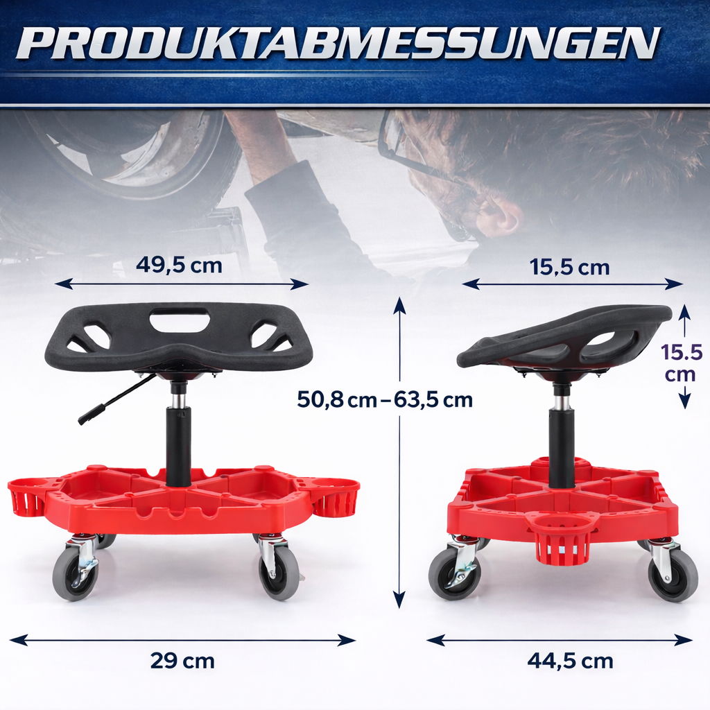 Garvee Mechaniker-Rollhocker Höhenverstellbar 50,8-63,5 cm, 136 kg Tragkraft, mit verriegelbaren Rollen für Werkstatt & Garage, Rot
