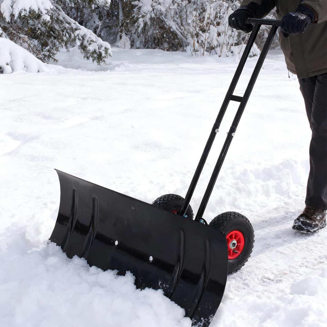 Garvee Schneeschieber mit Doppelstangen-Design - 100 cm Metallklinge, 5-fach höhenverstellbar (24.5-108 cm), ergonomisch & zusammenklappbar für Gehweg und Einfahrt