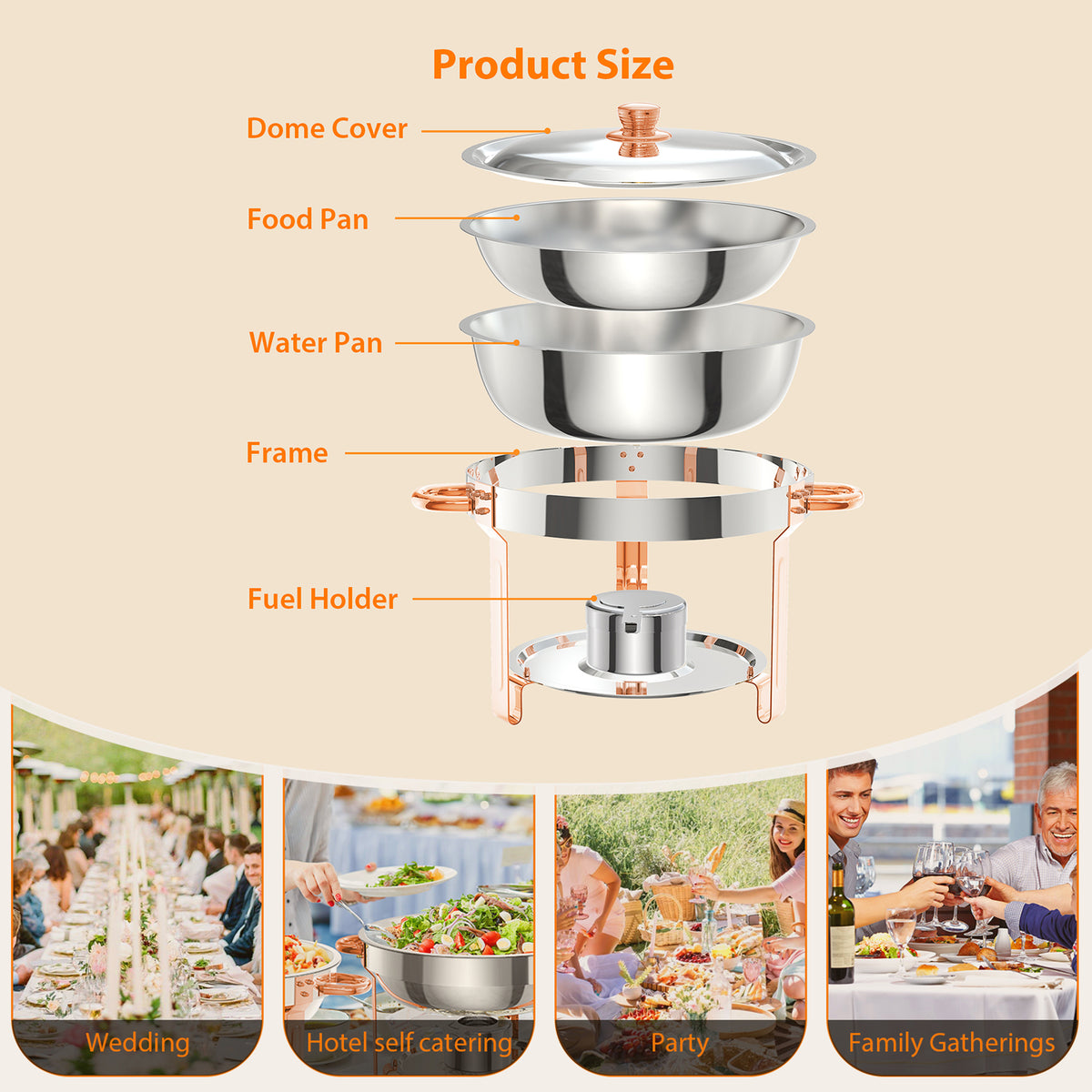 Garvee Chafing Dish 4er-Set 5 L aus Edelstahl, rund in Roségold, Buffet-Speisenwärmer für Catering, Hochzeiten und Events