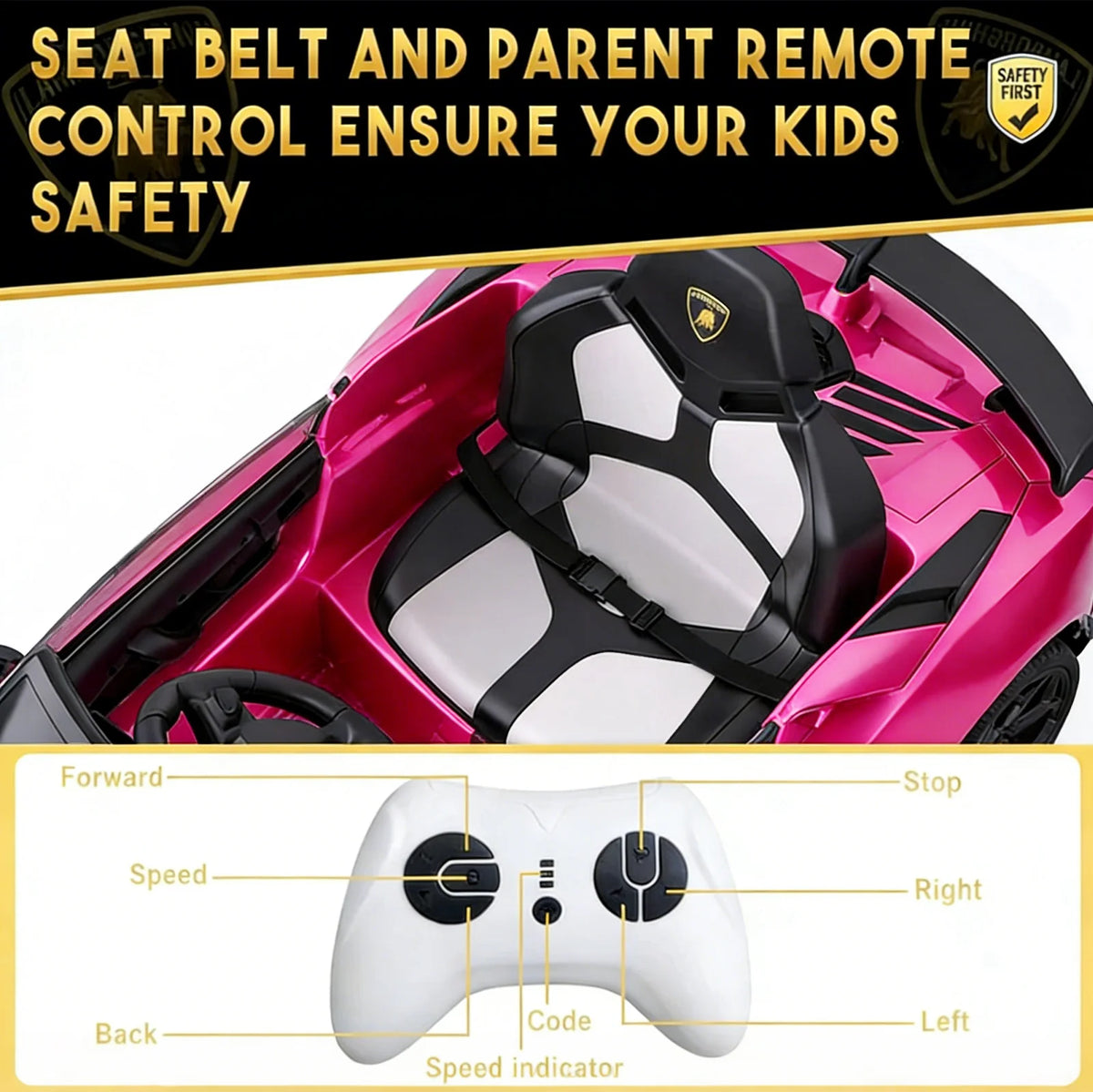 Garvee Lamborghini Kinder Elektroauto 12 V mit 2 × 25 W, Scherentüren, 2,4-GHz-Fernbedienung, LED, Musik, Federung und Sicherheitsgurt, Rosa, für Kinder 3–8 Jahre
