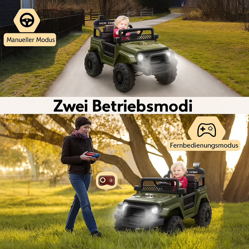 Garvee Armeegrün Kinder Elektroauto Geländewagen 12V mit Fernbedienung, 2-Sitzer, 5 km/h, Musik & LED-Lichter, 3-5 Jahre