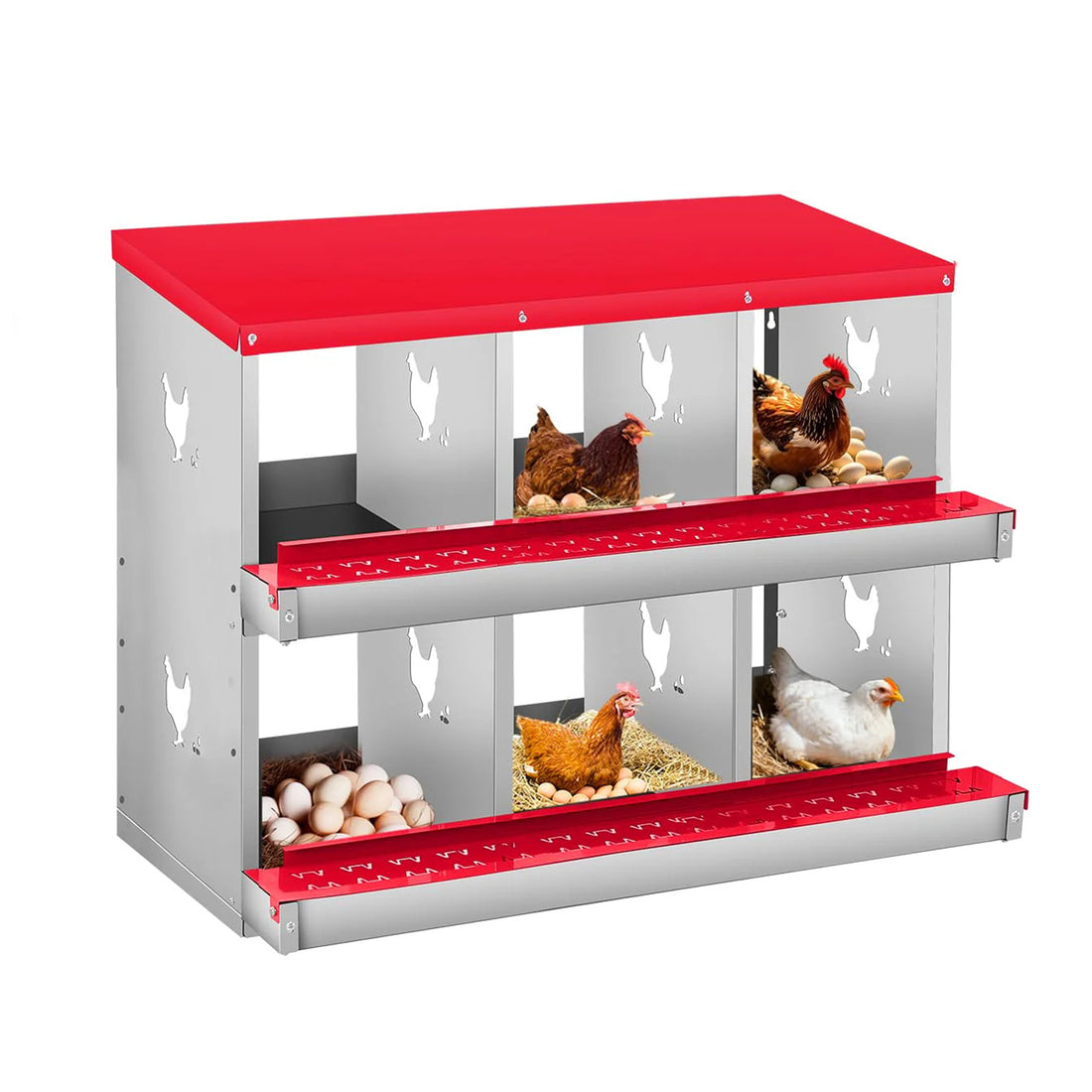 GARVEE 2-stöckiges Legenest für Hühner, 6 Fächer, Hühnernistkasten aus verzinktem Stahl mit Eierauffangschale & Lüftungslöchern, Abrollnest für Hennen & Geflügel