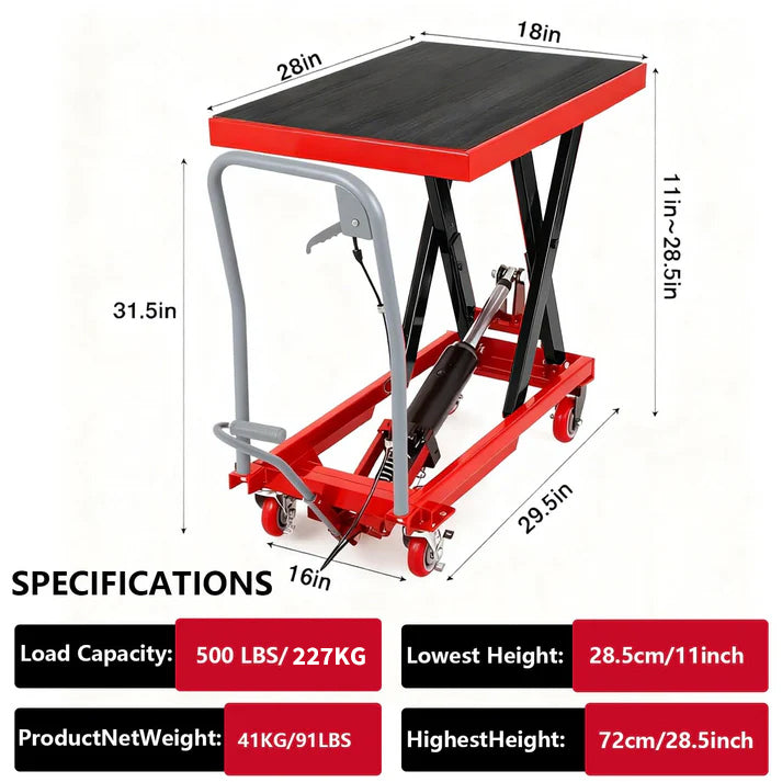 Garvee Manueller Hydraulik-Hebetisch – 227 kg Tragkraft, 72 cm Hubhöhe, 4 Rollen (Rot)