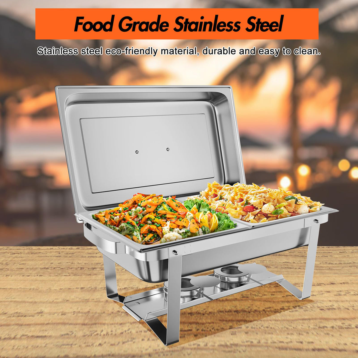 Garvee Chafing Dish 6er-Set mit je 7,6 L, rechteckige Edelstahl-Buffet-Speisenwärmer mit Deckeln, Wasserbad, herausnehmbaren Behältern und Klappgestellen für Catering, Hotel, Hochzeit und Bankett