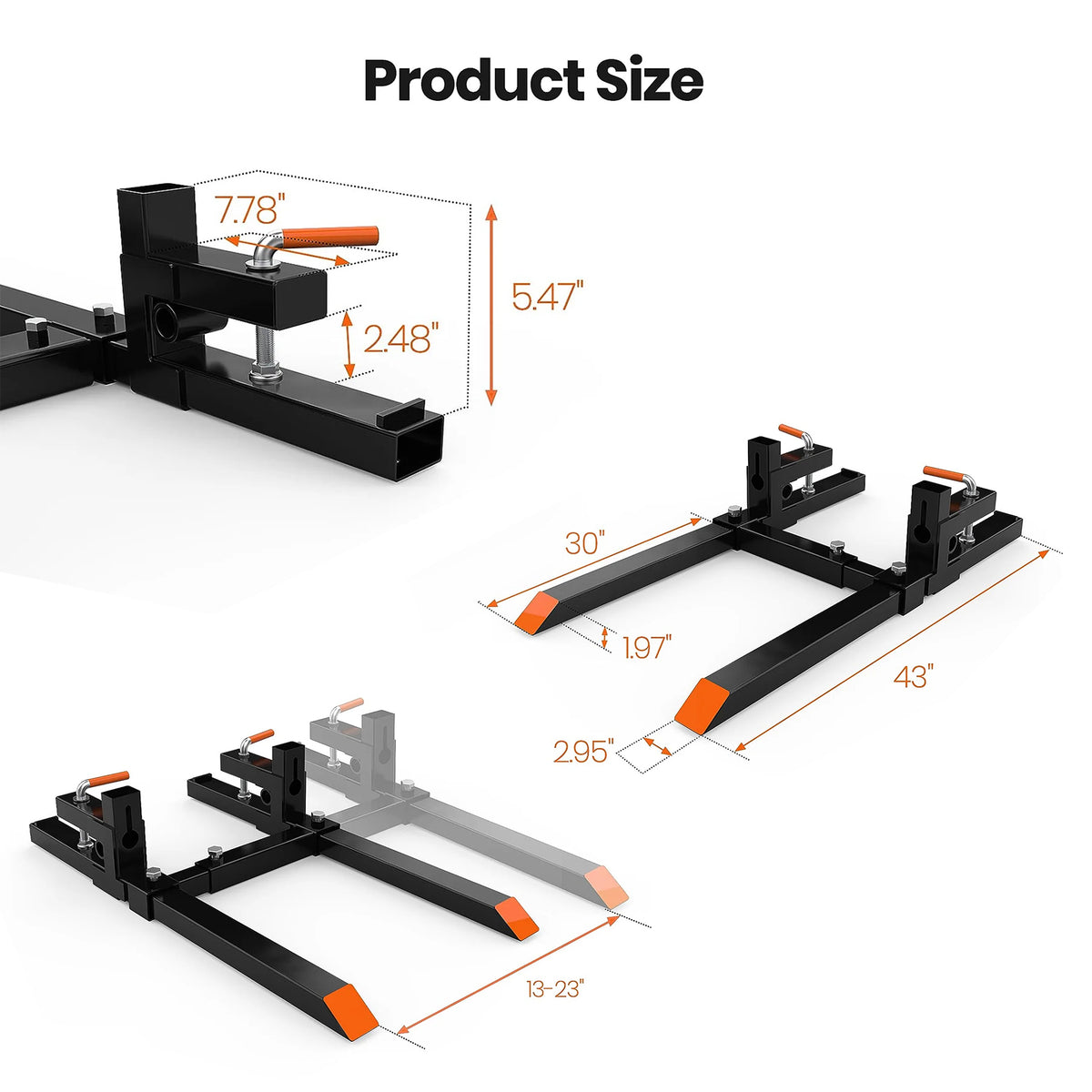 Garvee 109 cm Schwerlast-Palettengabel zum Anklemmen, 907 kg Tragkraft, Gabelzinken mit 33–58 cm Stabilisator für Traktor- und Laderschaufeln, ohne Schweißen